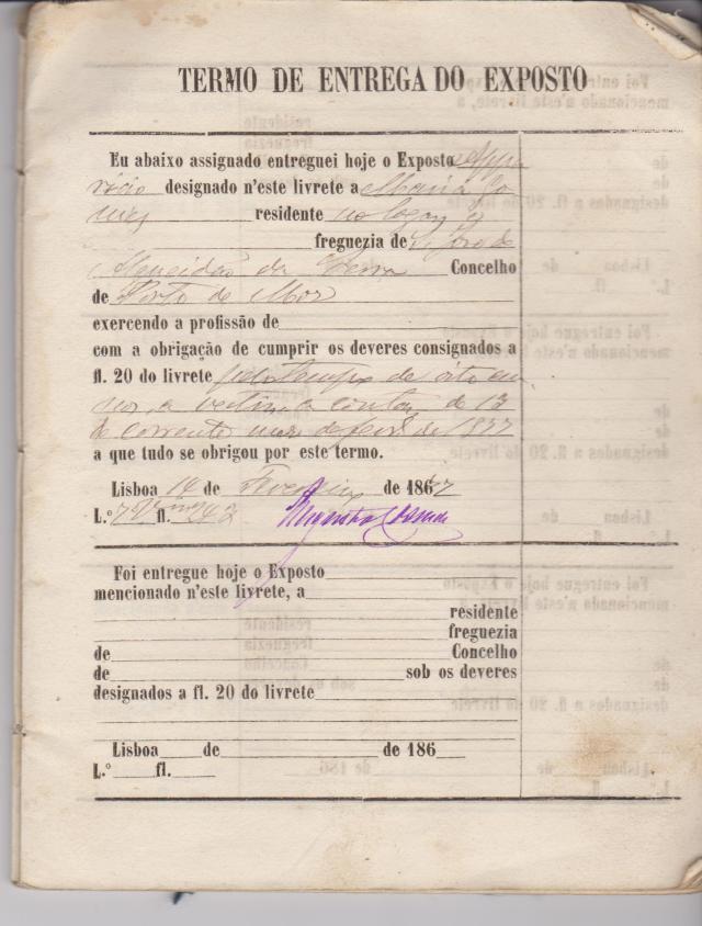 Documento de entrega pela Santa Casa, do Exposto Aparício, a Maria Gomes, em 14 de Fevereiro de 1877. (tipo documento de adopção).